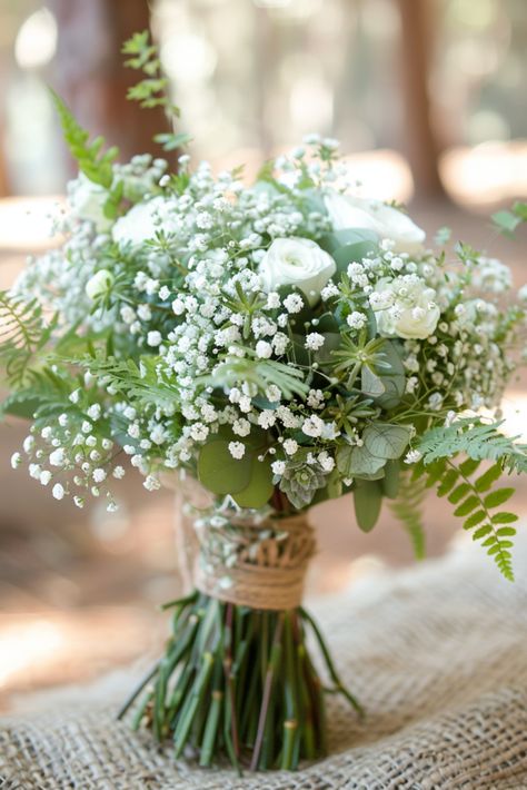 Baby’s Breath and Mixed Greenery, Ferns, and Eucalyptus Greenery Wedding Bouquet Sage Green Eucalyptus Wedding Bouquet, Fern Flower Arrangements Wedding, Wedding Bouquet With Ferns, Fern Wedding Bouquet, Wedding Bouquets With Eucalyptus, Shrek Wedding, Hay Wedding, Fern Bouquet, Baby's Breath Bouquet