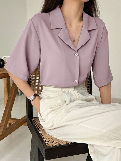 Mauve Purple Casual Collar Half Sleeve Fabric Plain Shirt Embellished Non-Stretch Summer Women Clothing Purple Academia, Half Sleeve Shirts Women, Mauve Outfit, Light Purple Dress, Purple Dress Shirt, Aesthetic Sweaters, Academia Style, Mauve Purple, Half Sleeve Shirts