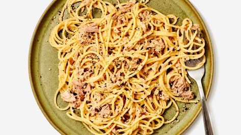 3-Ingredient Tuna Spaghetti Recipe | Bon Appétit Tuna Fish Pasta, Tuna Spaghetti Recipe, Tuna Spaghetti, October Meals, Round Pasta, Dairy Free Sauces, Fish Pasta, European Butter, Reckless Abandon