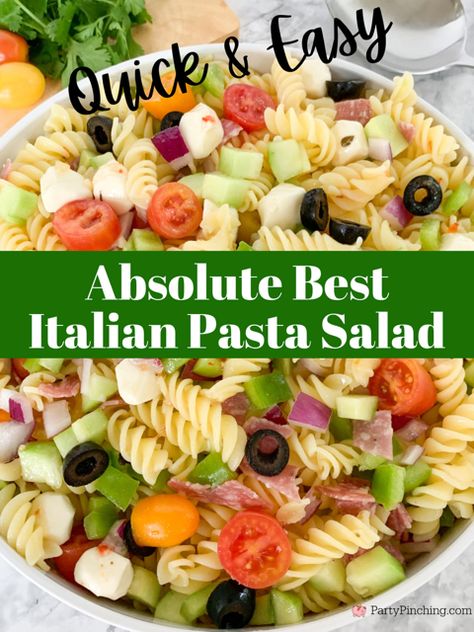 absolute best pasta salad, quick and easy pasta salad, best pasta summer salad, 20 minute pasta salad, suddenly salad, cucumber bell pepper rotini olive red onion tomato fresh mozzarella gluten free Italian dressing genoa salami gluten free pasta salad, picnic pasta salad for a crowd potluck Best Italian Dressing For Pasta Salad, Pasta Vinaigrette Recipes, Pasta Salad Salami Italian Dressing, Pasta Salad Using Italian Dressing, Rotini Pasta Side Dishes Easy, Small Pasta Salad, Cold Pasta Salad Recipes Without Mayo, Dressings For Pasta Salads, Quick And Easy Pasta Salad Recipes