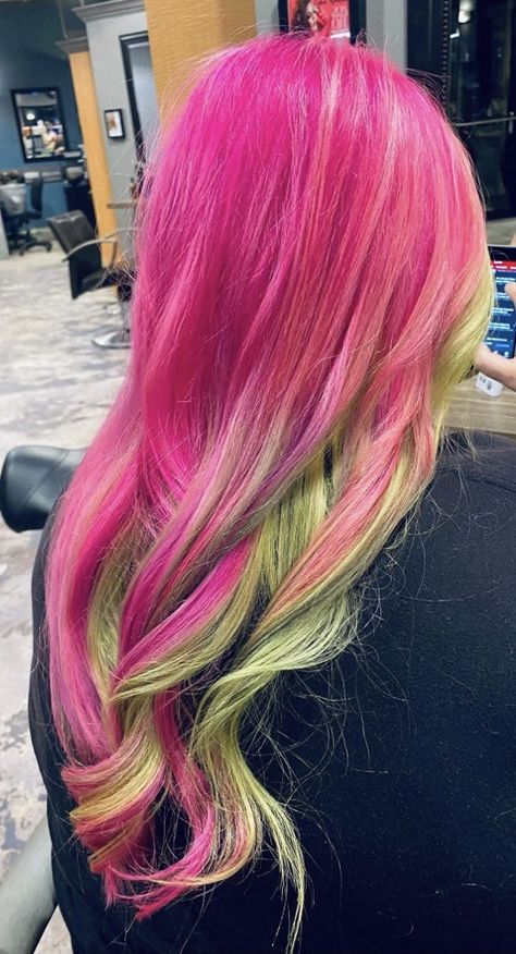 Jen used the colors of a watermelon to give me this pink and green hair! Perfect for spring! Green And Pink Hair Aesthetic, Pink To Green Ombre Hair, Green Hair With Pink Highlights, Pink Green And Blonde Hair, Pink Hair With Green Highlights, Pink Hair With Green Tips, Green To Pink Hair, Pink And Green Peekaboo Hair, Watermelon Hair Color