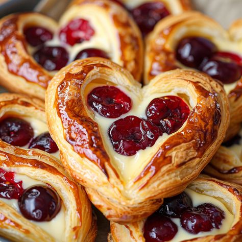 Cherry Cheese Danish Flaky Desserts, Cute Cafe Food, Cherry Sweets, Danish Coffee Cake, Cherry Cheese Danish, Fruit Danish, Cafe Pastries, Cherry Pastry, Cherry Breakfast