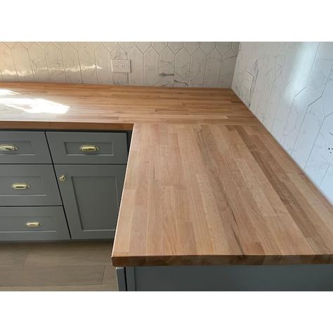 Wood Kitchen Cabinets With Butcher Block, Wood Butcher Block Counter, Wood Block Countertops Kitchen, Gray Cabinets With Butcher Block Counter, Barndo Pantry, Wooden Benchtop Kitchen, White Cabinets Butcher Block Countertops, Kitchen Butcher Block Countertops, Butcher Block Countertops Island