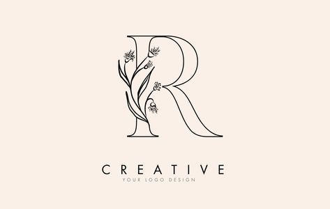 Black Outline R letter logo design with black flowers vector illustration. R Letter Logo, R Letter, Logo Outline, Logo Fleur, Flowers Vector, R Tattoo, Logo Creation, Letter Logo Design, Letter R