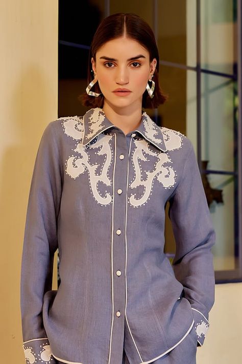 Blue button down shirt with abstract pattern embroidery and contrast piping. Paired with a matching trouser with side pockets. - Aza Fashions Coordinate Sets, Embroidery Placement, Coord Sets, Dress Designing, Blue Button Down Shirt, Eid Outfit, Pocket Blouse, Dress Book, Cord Set