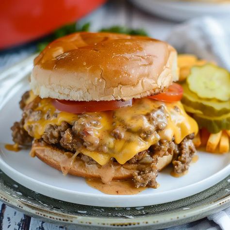 Crockpot Cheeseburgers Crockpot Cheeseburger Sandwiches, Slow Cooker Burgers, Crock Pot Burgers, Burgers In Crockpot, Crockpot Sliders Recipes, Hamburger Crock Pot Recipes, Crockpot Burger Recipes, Crockpot Burgers, Crockpot Sliders