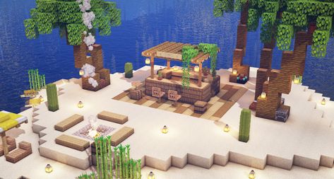 Chalet Minecraft, Island Minecraft, Construction Minecraft, Minecraft Decoration, Bar Island, Minecraft World, Minecraft Interior Design, Wood Slab Table, Minecraft Cottage