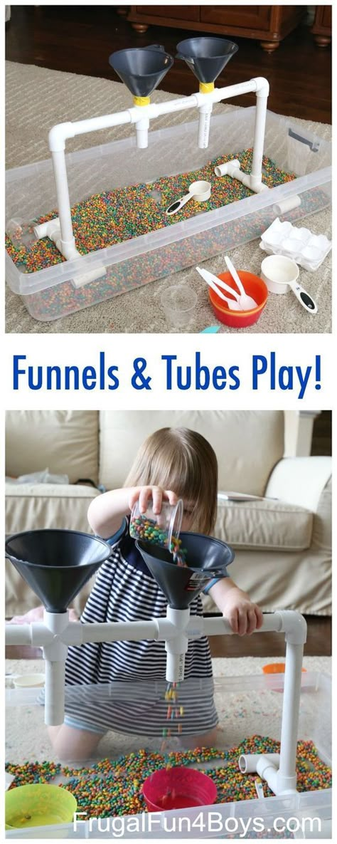 Sensory Play with Funnels, Tubes, and Colored Beans - Great for fine motor skill development. Preschoolers will love this fun sensory play station! Aba Center, Sensory Tubs, Kids Tent, Maluchy Montessori, Sand Tray, Sensory Bags, Toddler Sensory, Fine Motor Skills Development, Sensory Table