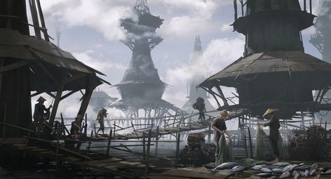 ArtStation - Fishing village , Yurii Nikolaiko Village Concept Art, Environmental Artwork, Radial Symmetry, Fantasy Village, Roman Britain, Ghost Of Tsushima, Computer Graphics, Environment Design, Fishing Villages