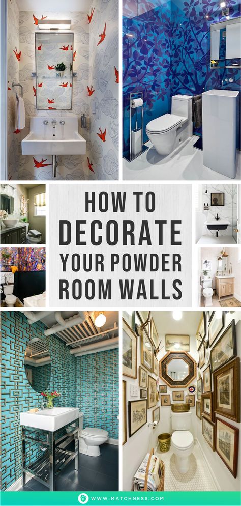 How to Decorate Your Powder Room Walls - Matchness.com Small Powder Room Ideas Elegant Modern, Decorating A Powder Room, Small Powder Room Ideas Elegant, Funky Powder Room Ideas, Powder Room Wall Decor Ideas, Narrow Powder Room Ideas, Tiny Powder Room Ideas Modern, Small Powder Room Ideas Narrow, Narrow Powder Room