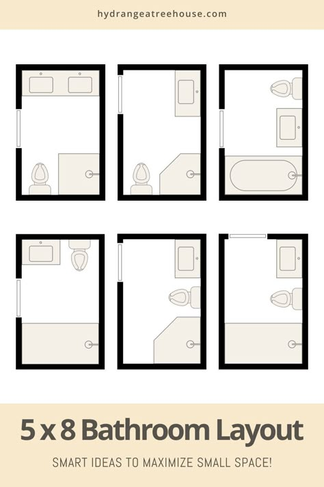 I know the feeling of having a cramped 5x8 bathroom all too well—I have two small bathrooms in my own home that are about the same size. But don't worry, just because the space is compact doesn't mean you have to compromise on design. There are easy ways to enhance functionality and create a sense of spaciousness. Consider these clever layout ideas to transform your 5x8 bathroom: from smart floor plans to options like a wall-to-wall shower or tub, a corner shower, or even a double vanity! Bathroom Remodel Square Room, 9 X 7 Bathroom Layout, Small Bathrooms With Corner Showers, Small Square Ensuite Layout, Corner Shower And Tub, Small Bathroom Plans Layout, Small Ensuite Bathroom Ideas Space Saving Corner Showers, Double Sink Small Bathroom Ideas, Bathroom With Corner Shower Layout