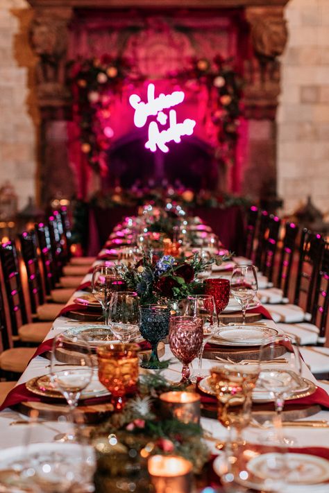 Moody Maximalist Eco-Friendly Wedding · Rock n Roll Bride Moody Jewel Tone Wedding Ceremony, Mixed Colored Glass Wedding, Pink Jewel Tone Wedding, Stained Glass Themed Wedding, Different Color Glasses Wedding, Eclectic Glassware Wedding, Thrifted Goblets Wedding, Eclectic Micro Wedding, Vintage Wedding Bridal Party