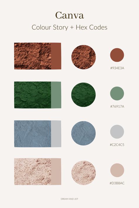 A light beige background with 4 different photos of coloured powder and then their corresponding colours pulled from each and displayed in circles beside the photo with the hex code below each colour. Canva Hex Colors, Powerpoint Colour Palette, Brand Color Palette With Hex Codes, Canva Color Codes, Nature Colour Palette, Canva Color Palette Codes, Mediterranean Color Scheme, Colour Palette With Hex Codes, Organic Color Palette