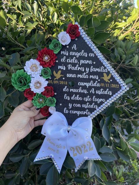 Graduation cap topper with 3d flowers: Floral grad cap with bow Graduation cap with bow Graduation cap design Graduation cap designs Graduation cap decoration Graduation cap First Gen Grad Cap, Decorate Graduation Cap College, Grad Cap Bow, 1st Gen Graduation Cap, First Gen Graduation Caps, Grad Cap Ideas Spanish, Bow Graduation Cap, Graduation Cap With Bow, Graduation Cap Designs In Spanish