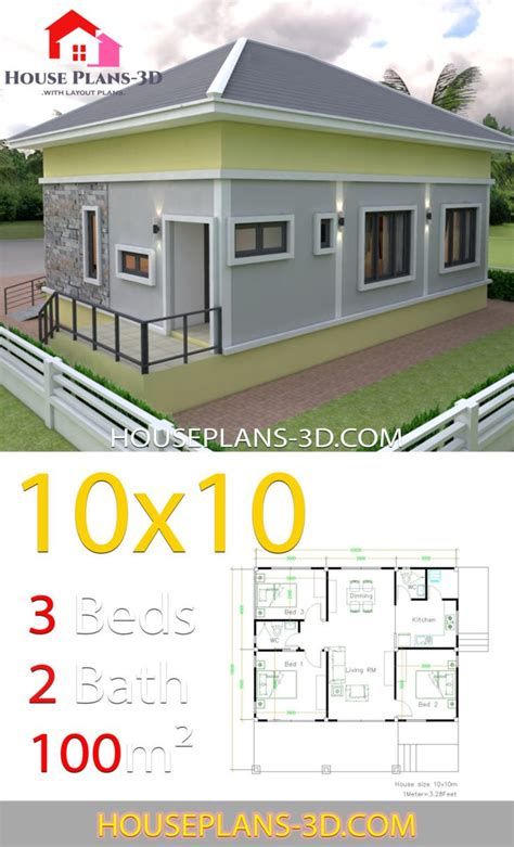 House Design 10x10 With 3 Bedrooms Hip Roof - House Plans Hip Roof House Plans, Rooftop House, Modern Roof Design, Hip Roof Design, House Plans 3d, Gable Roof House, Terrace Roof, Bungalow Style House, Flat Roof House