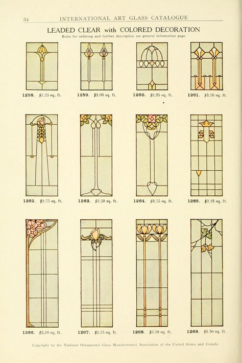 View the stained glass windows that were commercially available during the Art Nouveau era of 1910. The below plates are from the 1914 catalog of the National Ornamental Glass Manufacturers Association of the United States and Canada. Stained Glass Doors, Arte Art Deco, Stain Glass Window Art, Window Designs, Motif Art Deco, زجاج ملون, Glass Window Art, Glass Art Projects, Stained Glass Designs