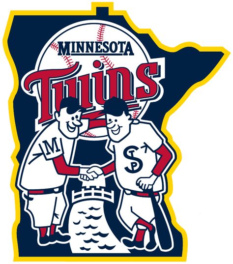 Minnesota Twins Alternate Logo (2002) - Minnie & Paul shaking hands over river on state of Minnesota Clemson Baseball, Twins Logo, Minnesota Twins Baseball, Target Field, Twins Baseball, Mlb Logos, Vintage Twins, We Are The World, Minnesota Twins