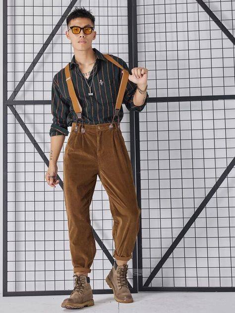 Men Solid Corduroy Pants With Suspender | SHEIN ASIA Suspenders Outfit Men, Mens Suspenders Outfit, Outfits With Suspenders, Suspenders Men Fashion, Suspenders Casual, Suspenders Outfit, Carrot Pants, Pants Outfit Men, Suspenders Men