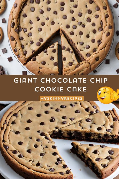 Giant Chocolate Chip Cookie Cake: 🍪 Indulge in a mouthwatering twist on the classic cookie! Cream butter, sugars, eggs, and vanilla, fold in flour, baking soda, salt, and chocolate chips, then press into a pan and bake until golden. Decorate as desired for a show-stopping dessert that's perfect for any celebration. Pin it now for your next baking adventure! 📌 #Giant Chocolate Chip Cookie Cake #myskinnyrecipes Pan Cookies Chocolate Chip, Jumbo Cookie Recipe, Big Cookie Cake, Large Cookie Cake, Large Chocolate Chip Cookies, Giant Cookie Recipe, Jumbo Cookies, Big Chocolate Chip Cookies, Giant Cookies