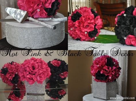 LARGE Black and Fuchsia/ Hot Pink Rose Centerpiece Pomander-Perfect for table decor for Weddings, Bridal/ Baby showers, Birthday parties, on Etsy, $60.00 Black And Silver Wedding Decorations, Hot Pink And Black Wedding, Pink Brides Maid Dresses, Brides Maid Dresses, Soccer Wedding, Bridesmaid Duty, Black Wedding Table, Pink Black Weddings, Black Centerpieces