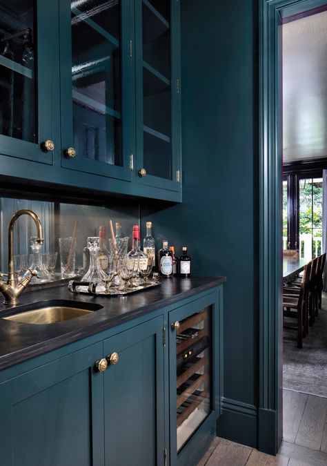 Black Countertops Teal Cabinets, Teal Kitchen Cabinets Black Counter, Deep Teal Cabinets, Deep Teal Kitchen Cabinets, Black Teal Paint, Black And Teal Kitchen, Dark Teal Cabinets, Teal Cabinets Kitchen, Party Mansion