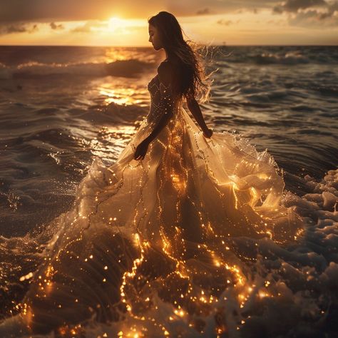 Bathed in the golden glow of sunset, a vision in gossamer and glimmer emerges from the surf. She moves with the grace of the tides, her dress a cascade of celestial sparkle merging with the sea's froth. This isn't just a moment; it's a memory sculpted by light and water, a testament to the beauty that thrives at the edge of earth and ocean. 🌅✨🌊 Water Angel Aesthetic, Summer Goddess Aesthetic, Dress With Lights, Goddess Of Dreams, Ocean Waves Aesthetic, Sun Mermaid, Queen Of Light, Dramatic Pictures, Goddess Of Water