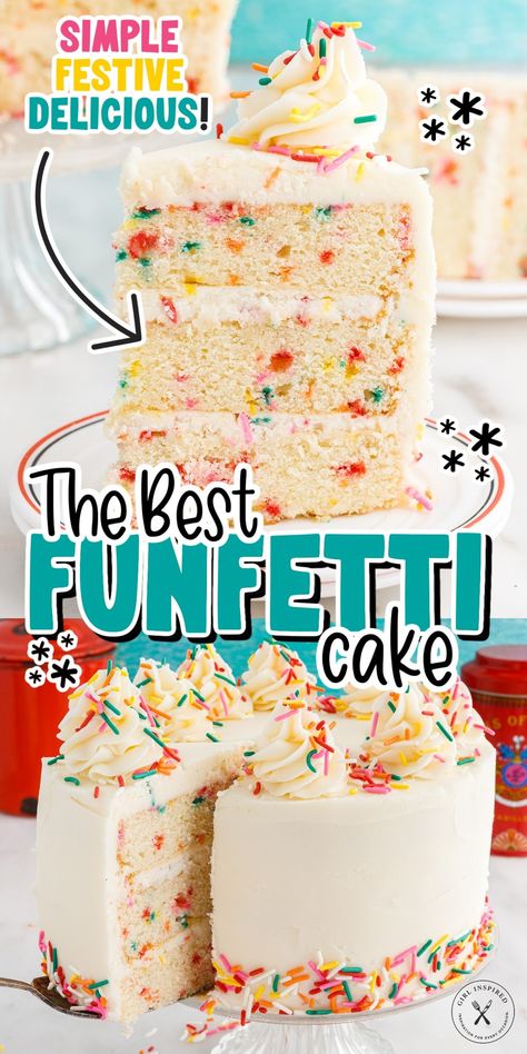 This homemade funfetti cake recipe is so simple to make, only requires pantry staples and rainbow sprinkles! Its a buttery vanilla cake, with flakes of color throughout and topped with a from scratch vanilla buttercream frosting. Funfetti Cake Mix Recipes, Vanilla Birthday Cake Recipe, Confetti Cake Recipes, Homemade Funfetti Cake, Vanilla Cake From Scratch, Funfetti Cake Recipe, Fluffy Vanilla Cake, Vanilla Birthday Cake, Sprinkles Recipe