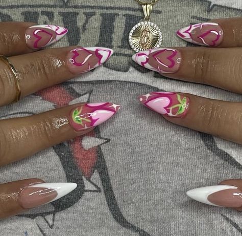 Almond Nails Pink And White, Strawberry Nails Acrylic, Strawberry Nails Designs, Pink And White French Tip, White Heart Nails, Pink And White French, Nails Pink And White, Different Pearls, Strawberry Nail Art