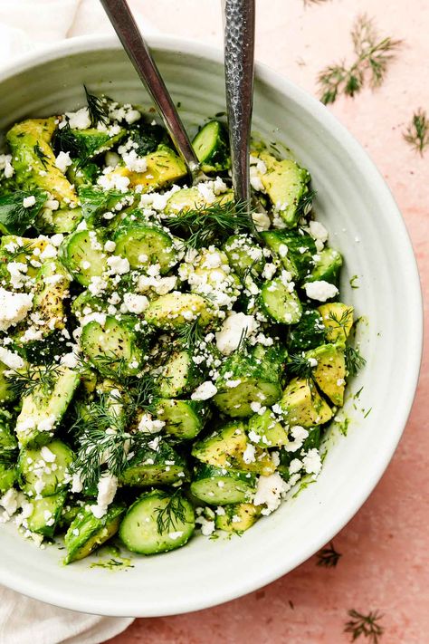 Lemon Feta Salad, Feta Cucumber Avocado Salad, Lemon Dill Salad, Cucumber Feta Dill Salad, Vegan Dill Recipes, Avocado Side Dish, Cucumber Tomato Salad Feta, Cucumber Salad Dill, Cucumber Cilantro Salad