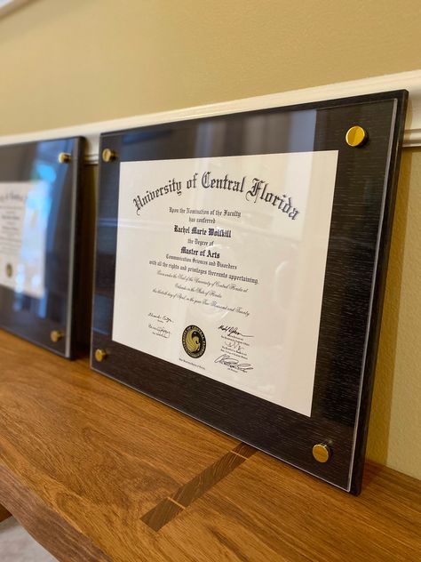 Framing Degree Ideas, Diploma Display Wall, Lash Tint And Lift, Diploma Display, Degree Frame, Edward Jones, Certificate Graduation, Law Office Decor, Frames Ideas