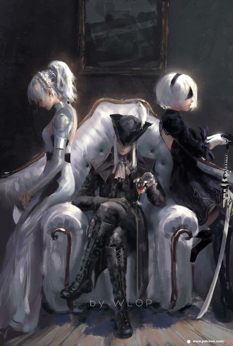 Luna Freya, Lady Maria and 2B by Wlop Lady Maria, Bloodborne Art, Dark Souls Art, 다크 판타지, Bloodborne, Nier Automata, Final Fantasy Xv, People Sitting, Soul Art