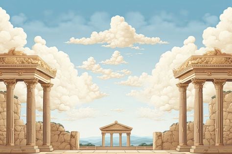 Greek Mythology Background Landscape, Greek Aesthetic Design, Ancient Greece Design, Ancient Greek Illustration, Ancient Greece Background, Greek Temple Art, Ancient Greek Background, Greek History Aesthetic, Greek Mythology Background