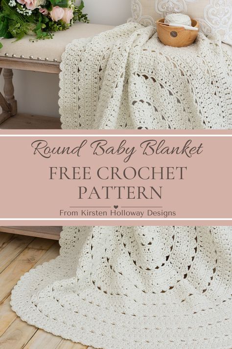 Beautiful circular baby blanket draped over a vintage side table. It's a neutral white color and is crochet from a free crochet pattern that's available in 5 sizes. Blanket Designs Crochet, Crochet Lacy Blanket Pattern Free, Circle Crochet Pattern Blanket, Blessing Blanket Crochet, Circle Crochet Pattern Free, Circular Blanket Crochet Pattern, Kristen Holloway Designs, Speckled Yarn Crochet Patterns, One Skein Baby Blanket Crochet Free