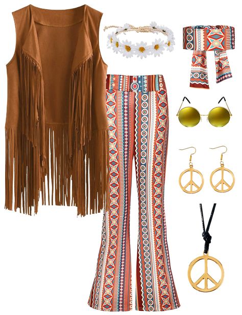 PRICES MAY VARY. 70s outfit for women:Hippie costume include 1*hippie fringe vest suede, 2*hippie flower headband, 1*peace sign earrings , 1*peace sign necklace, and 1*retro sunglasses,these hippie accessories will bring you an attractive charm, make you the focus of the theme party. Soft meterial :Pants:Stretchy Fabric, Fit To Wear All Day.Machine Wash are Available,hippie fringe vest is made Faxure Suede , is light weight, soft and comfortable when your wearing.Wear with Hippie accessories wil Hippy Costume Ideas, Retro Outfits 70s Hippie, Diy 70s Costume Women, Hippie Costume Ideas Diy, Diy Hippie Costume For Women, 70s Halloween Costume Woman, Hippie Costume Ideas, Hippie Halloween Costumes Diy, 60s Hippie Outfits