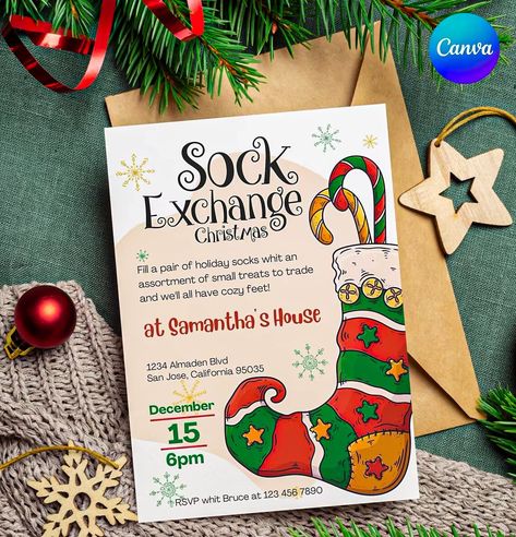 Sock Exchange Christmas invitations = Stocking Swap Party, Invitation to edit e print. Exchange your ugly socks with friends and family. de GarciaStudiox en Etsy Sock Christmas Gift Exchange, Christmas Sock Exchange Ideas For Women, Stocking Exchange Ideas, Christmas Sock Exchange Ideas, Sock Exchange Ideas, Christmas Gift Exchange Themes, Christmas Sock Exchange, Sock Exchange Party, Gift Exchange Themes