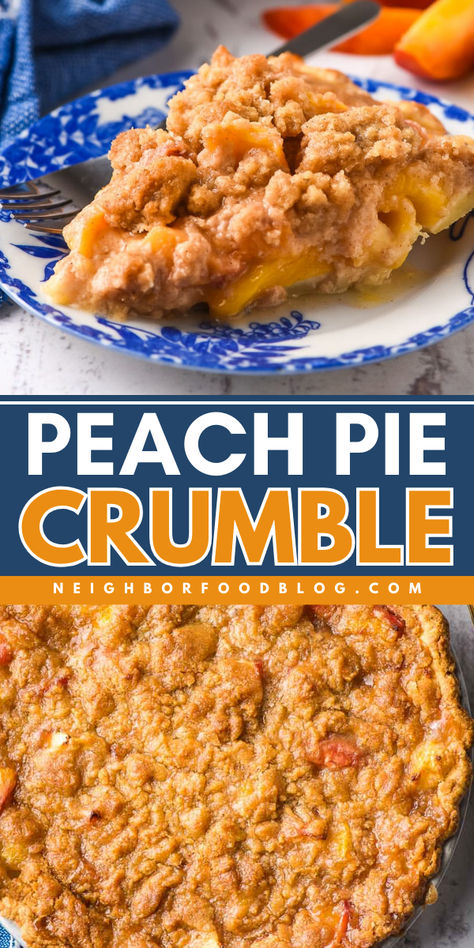 Turn your canned peaches into a golden peach pie crumble! You don't want to miss this easy peach crumble pie recipe. This recipe is perfect for a simple 4th of July dessert, a summer dessert idea, or to any event you can think of! Peach Pie Recipes Crumble, Peach Pie From Canned Peaches, Peach Crumble Pie Recipes, Peach Pie Filling Recipes Desserts, Dutch Peach Pie, Peach Pie Recipes With Fresh Peaches, Canned Peach Pie Recipes, Pie Crumble Topping Recipe, Fresh Peach Pie Recipes