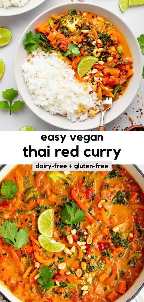 This vegan Thai red curry recipe is rich, creamy, savory, and so flavorful! The easy one pot recipe is made in 30 minutes or less. It's made with coconut milk, red curry paste, and loaded with vegetables (like bell peppers, broccoli, carrots, and kale). It's dairy-free, gluten-free, and perfect for busy weeknights. Plus, you can enjoy it the next day as a meal prep lunch. Serve it with rice for the ultimate healthy comfort food meal! #thairedcurry #redcurry #vegancurry #redcurry #curryrecipes Vegan Thai Red Curry, Vegan Thai Curry, Curry With Tofu, Thai Red Curry Recipe, Healthy Curry Recipe, Red Curry Recipe, Thai Curry Recipes, Vegetarian Thai, Vegan Curry Recipes