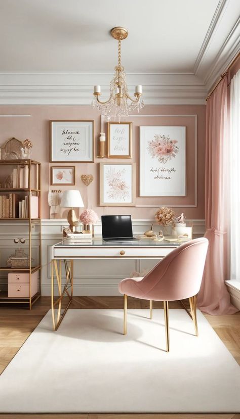 Pink Home Office, Pink Office Decor, Feminine Office, زجاج ملون, Feminine Home Offices, Office Decor Ideas, Cozy Home Office, Pink Office, Deco Rose