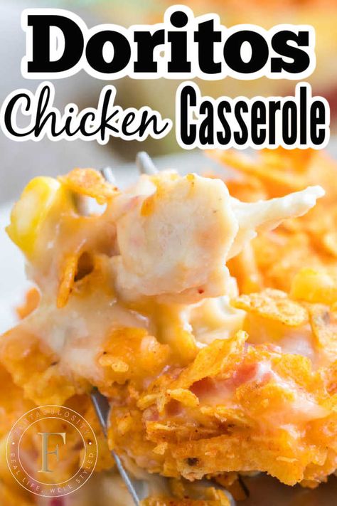 Chicken Dorito Casserole Recipe, Sour Cream Corn, Chicken Dorito, Dorito Chicken Casserole, Doritos Chicken Casserole, Rotel Cheese, Doritos Recipes, Doritos Casserole, Doritos Chicken