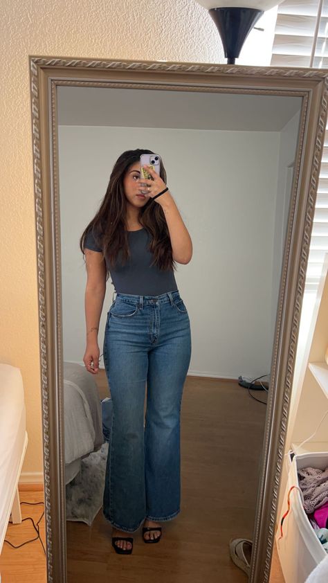 i love me some basics :) this top is actually a bodysuit from a boutique called “tenshoppe”, jeans are Levi’s 70s flare, & heels are steve madden ✨ Bodysuit And Flare Jeans, Flare Jeans With Heels Outfits, Bodysuit Flare Jeans, Flare Jeans And Heels, Jeans Outfit Baddie, Levi Flare Jeans, Flare Heels, Jeans Heels Outfit, Girly Fits