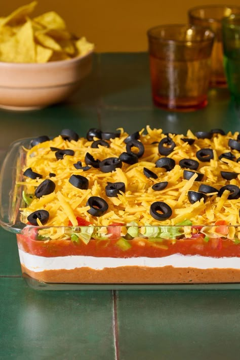 Seven-Layer Taco Dip Taco Dip Easy Cold, 3 Layer Taco Dip, 3 Layer Mexican Dip, Nacho Layer Dip Recipes, Taco Platter Dip, Best 7 Layer Taco Dip Recipe, Easy Layered Bean Dip, Mexican Seven Layer Dip Recipes, 7 Layer Nacho Dip