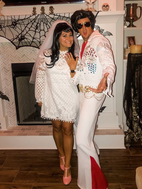 Halloween costumes for Elvis and Priscilla Presley Elvis Presley And Priscilla Costume, 80s Couple, Elvis And Priscilla Presley, Elvis Costume, Fun Halloween Party Games, Halloween Coustumes, Couple Costumes, Duo Halloween Costumes, Couples Halloween Outfits