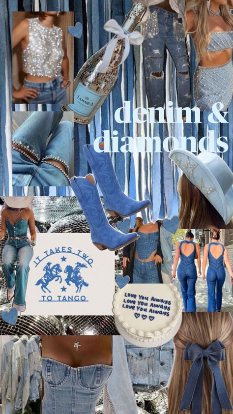 Diamonds Bachelorette, Bachelorette Party Outfit Themes, Nashville Bachelorette Party Outfit, Bachelorette Outfit Themes, Diamonds And Denim Party, Bachelorette Inspo, Western Bachelorette, Bachelorette Theme, Cowgirl Bachelorette Parties