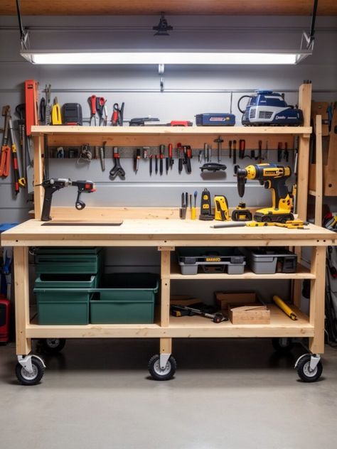 Garage Workbench Ideas - Workbench With Pegboard, Garage Workbench Ideas, Small Workbench, Workbench Organization, Garage Workbench Plans, Workbench Ideas, Garage Storage Inspiration, Diy House Furniture, Garage Workbench