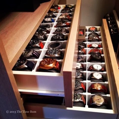 The Time Bum: How To Make a Watch Drawer  I can only imagine having a big collection like this.. Stil Masculin, Watch Organizer, Men Closet, Watch Storage, غرفة ملابس, Closet Designs, Closet Design, Walk In Closet, Watch Collection