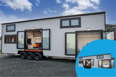 This 2-Story Tiny Home RV Hybrid Comes with 3 Bedrooms, a Living Room, Plus a Kitchen — and Yes, It’s on Wheels 2 Story Tiny House, Tiny Homes On Wheels, Tiny Home For Sale, Tiny Home On Wheels, Home On Wheels, Tiny Houses For Sale, Tiny House On Wheels, Tiny House Design, Tiny Home