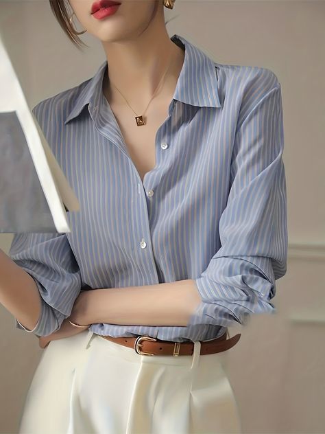 Elegant Striped Button Front Shirt, Long Sleeve Shirt For Office & Wor – Kkboxly™ Working Dress, Work Attire Women, Casual Work Outfits Women, Corporate Wear, Secret Rooms, Classy Work Outfits, Fashionista Clothes, Stylish Work Outfits, Elegantes Outfit