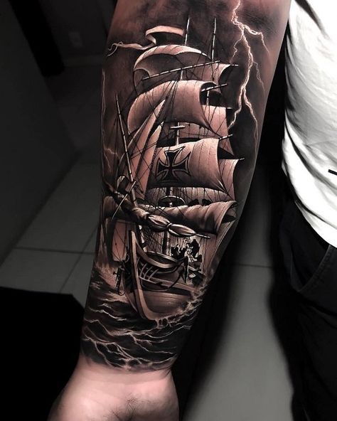 Boat tattoo - 100 Boat Tattoo Designs Boat Tattoos, Back Of Hand Tattoos, Ship Tattoo Sleeves, Pirate Ship Tattoos, Nautical Tattoo Sleeve, Pirate Ship Tattoo, Tattoos Color, Boat Tattoo, Pirate Tattoo