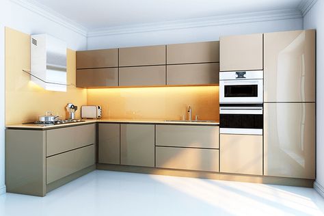 Reinvent Your Kitchen Cabinets with a Coat of Gloss L Shaped Modular Kitchen, Aluminum Kitchen Cabinets, Kitchen Shutters, Taupe Kitchen, Metal Kitchen Cabinets, Glass Kitchen Cabinets, Aluminium Kitchen, Build Home, Living Tv