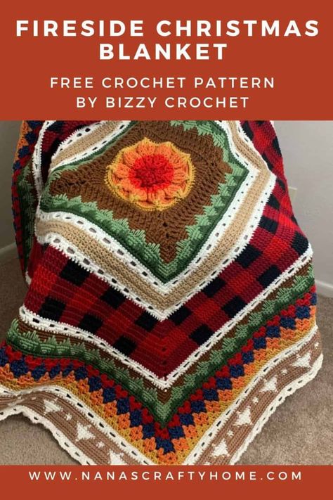 The Fireside Sampler Blanket is a free crochet pattern by Bizzy Crochet hosted by Nana's Crafty Home! This beautiful center-out throw is a Christmas themed sampler style blanket with video tutorials to help you along the way! The perfect stash / scrap busting project for a cozy throw reminiscent of Christmas times gone by! Crochet Alongs Patterns Free, Christmas Blanket Crochet Free Pattern, Crochet Sampler Blanket Pattern Free, Christmas Crochet Blankets, Christmas Crochet Afghan Patterns, Christmas Crochet Blanket Patterns Free, Christmas Afghans Crochet Patterns Free, Crochet Throw Pattern Free, Christmas Blanket Pattern